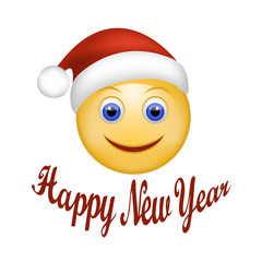 Smiley Face happy Santa Claus. Face emoticon wearing Santa hat. Holidays Expression Cartoon Smiley  in red cap of Santa Claus. Happy New Year hand lettering. Web design. Vector illustration  EPS 10