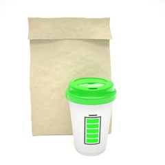 Coffee to go and lunch bag, on white.