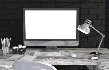 Fototapeta premium 3D illustration PC screen on table in office, Workspace