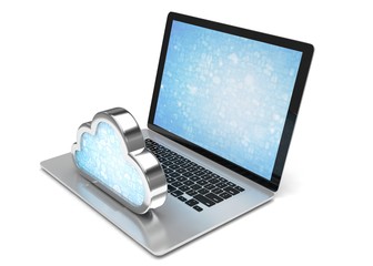 Laptop with cloud computing symbol on keyboard. 3d render