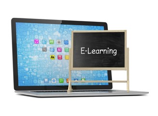  Laptop with chalkboard, e-learning, online education concept
