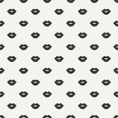 Romantic hipster lips kiss seamless pattern. Wrapping paper. Scrapbook paper. Tiling. Vector illustration. Lipstick kiss prints. Black background. Graphic texture for design. Valentines day