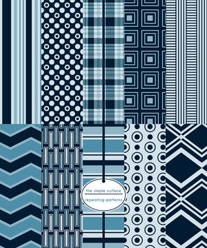 Navy seamless pattern set. Repeating patterns for digital paper, scrapbooking, fabric, backgrounds, gift wrap and more. Plaid, circle, square, rectangle, stripe, chevron, circle and abstract prints.