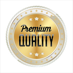 Badge Gold with White and Black. Shiny Luxury Badge on White Background. Premium Quality.