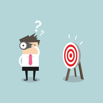 Confused businessman look for target in wrong direction vector