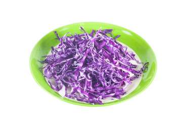 Pile of cut red cabbage on white background