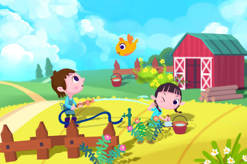 Obraz na płótnie Canvas Illustration For Children: The Boy is Watering the Plants but Carelessly Fired the Water to the Girl. Realistic Fantastic Cartoon Style Artwork / Story / Scene / Wallpaper / Background / Card Design