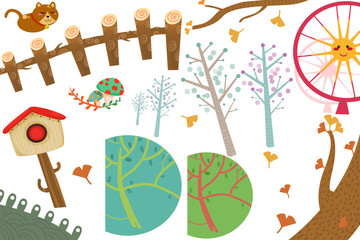 Clip Art Set: The Wonderland Objects: Cat, Postbox, Ginkgo Tree, Ferris Wheel. Realistic Fantastic Cartoon Style Artwork / Story / Scene / Wallpaper / Background / Card Design
