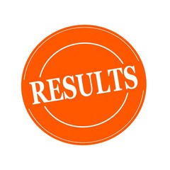 RESULTS white stamp text on circle on orage background