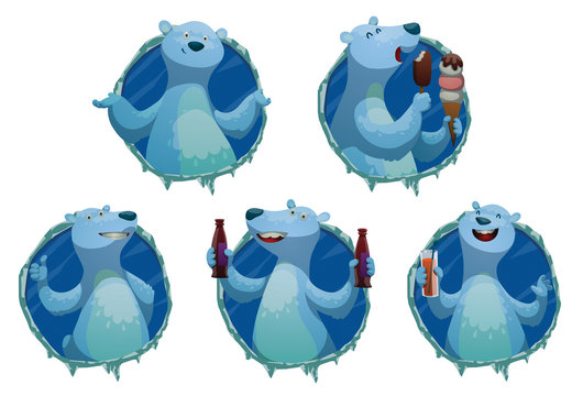 Vector five round blue labels with ice and with cartoon image of funny polar bears in various poses with ice cream and drinks in paws on a light background.