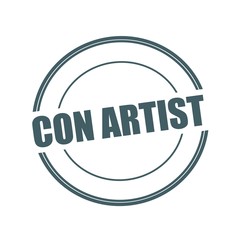 CON ARTIST Grey stamp text on circle on white background