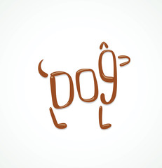 Vector Animals from letters, dog. Cartoon image of a dog made from brown letters DOG in highlights and shadows on light background.