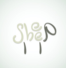 Vector Animals from letters, sheep. Cartoon image of a sheep made from white-black letters SHEEP in highlights and shadows on light background.