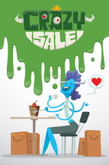 Vector advertising flyer with green slime on top, and with cartoon image of a funny blue monster female with purple hair with bunch of beige bags from stores, from the bottom on a light background.