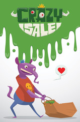 Vector advertising flyer with green slime on top, and with cartoon image of a funny purple monster male with blue hair with a big beige bag from the store, from the bottom on a light background.