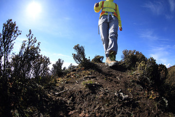 Fototapeta premium young woman backpacker hiking at beautiful mountain peak