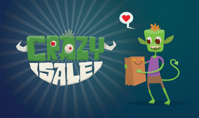 Vector horizontal advertising flyer with green-white lettering on the left and a funny small green monster male with orange hair with beige bag from the store on the right on a dark blue background. 