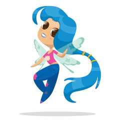 Vector Cute fairy with blue hair. Cartoon image of a cute female fairy with big eyes, long blue hair, with light blue wings in blue jeans and a pink t-shirt on a light background.