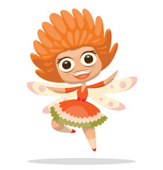 Vector Cute fairy with orange hair. Cartoon image of a cute female fairy with big eyes, curly orange hair, with a light pink wings in an orange-green-white dress on light background.