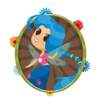 Vector round green-brown frame with colorful flowers and with cartoon image of cute female fairy with big eyes, long blue hair, with light blue wings in blue jeans, pink t-shirt on a light background.