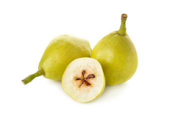 Chinese pear with stem on white background