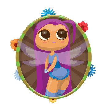 Vector round green-brown frame with colorful flowers and with cartoon image of a cute female fairy with big eyes, long purple hair, with light violet wings in a blue dress on a light background.