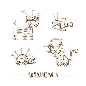 Cartoon robots animals  set. Vector image. Doodle stile.