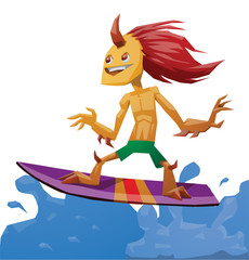 Vector cartoon image of a yellow monster of surfing with red hair with a horn in green shorts standing on a purple-orange surfboard on the blue sea waves on a light background.