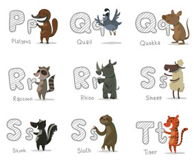 Vector Alphabet Animals, letters P-T. Cartoon image of letters of the alphabet P to T with animals: platypus, quail, quokka, raccoon, rhino, sheep, skunk, sloth and tiger on a light background.  © Ivan Nikulin