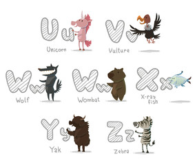 Vector Alphabet Animals, letters U-Z. Cartoon image of letters of the alphabet U to Z with animals: unicorn, vulture, wolf, wombat, X-ray fish, yak and zebra on a light background. 