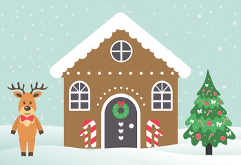 christmas house building with deer and fir-tree
