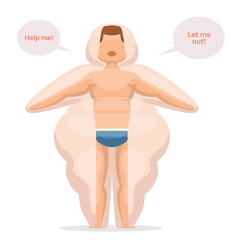 Vector Slender man locked in his fat like a prison. Cartoon image of a slender man with brown hair in blue trunks locked in his own fat like a prison on a light background. 