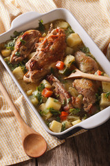 Pieces of chicken stewed with vegetables in a dish close-up
