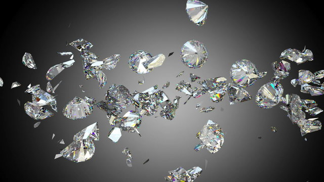 Diamonds or gems fall down and shatter slow motion. Alpha matte