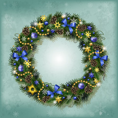 Fototapeta na wymiar Realistic wreath of fir branches with elements for Christmas and