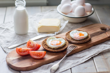 Romantic breakfast Fried egg Heart shape. Selective focus
