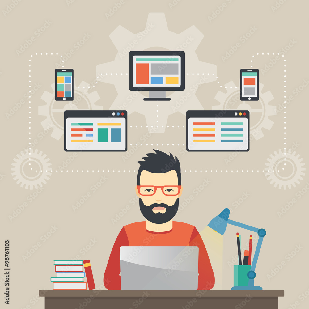 Aufkleber Man software engineer concept with design, optimization, responsive and developer solutions