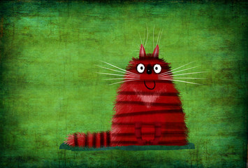 Red Smiling Cat on Green Background