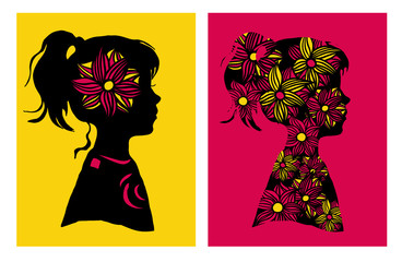 Two silhouttes of girl with flower pattern. Vector illustration. Design elements.