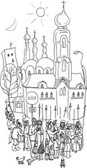  In winter, people in line for ice cream.A provincial town.Caricature.