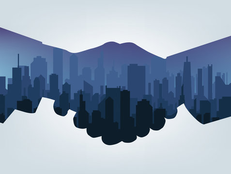 Handshake silhouette. City background
