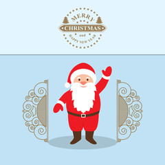 Santa Claus Cartoon Character with a raised right hand standing at the gate.  Decorative Christmas Background. Merry Christmas and happy New year. Vector Illustration