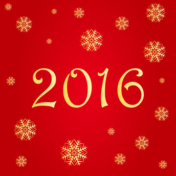 Merry Christmas and Happy New Year text label on a red background with snow and snowflakes