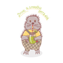 cartoon hedgehog with smoothies