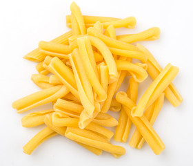 Dried casarecce pasta or long twist pasta shape over white background