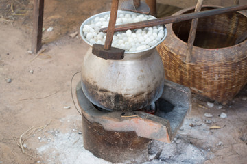 Boiling cocoon silkworm in a pot to prepare silk thread