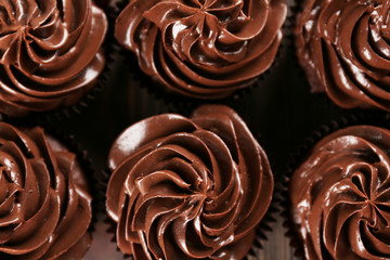 Chocolate cupcakes closeup, top view