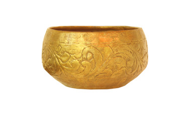 Old antique vintage brass bowl, isolated on white background