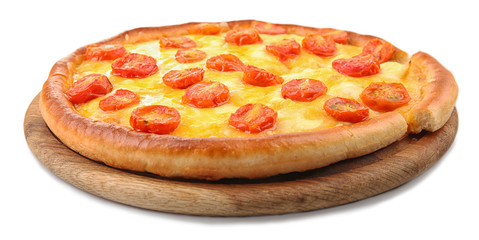 Pizza Margherita and removed slice, isolated on white
