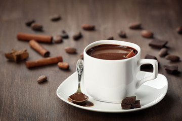 Obraz na płótnie Canvas Cacao with chocolate and cinnamon on wooden table